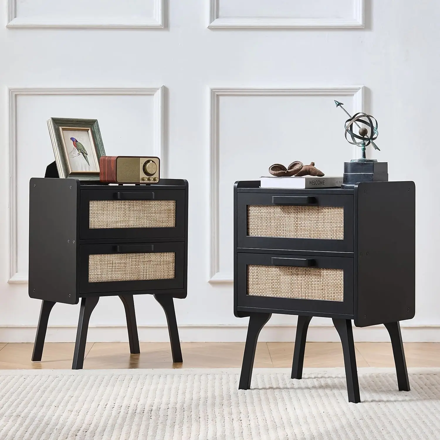 Rattan Nightstands Set of 2 Bedroom Furniture 2 Drawers Storage Bedside Tables, Customized