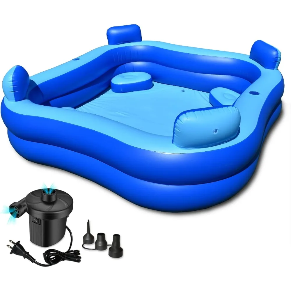 Inflatable Pool with Seats and Headrests 8' x 8' - Electric Pump Included - Extra Durable