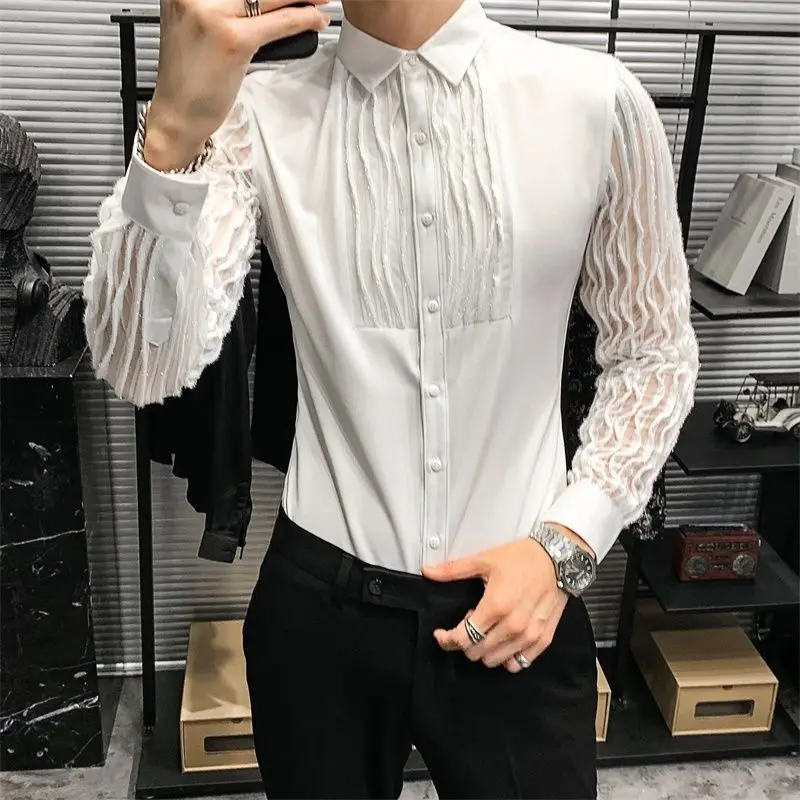 Korean Trend Fashion Men Shirts Spring Autumn New Solid Glossy Lapel Lace Patchwork Single Breaste Casual Slim Long Sleeve Tops