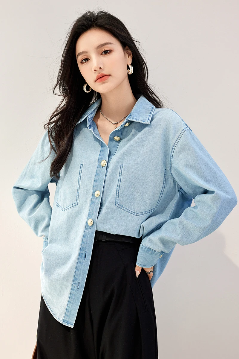 Light Blue Slim Thin Cotton Denim Shirts For Woman 2024 Spring Casual Ladies Tops Long Sleeve Jeans Blouses Clothing