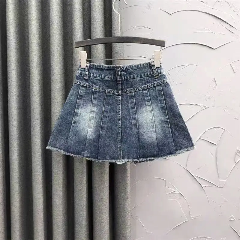 Girls Summer Denim Short Skirt Fashionable 2026 New Style Children's Elastic Waist Pleated Skirt 3 5 7 9 11 13 15 Years