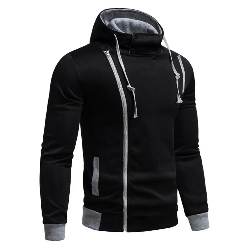 Diagonal Zipper Hoodie Stylish Men's Fall Hoodie with Oblique Zipper Drawstring Long Sleeve Contrast Color Sweatshirt for Soft