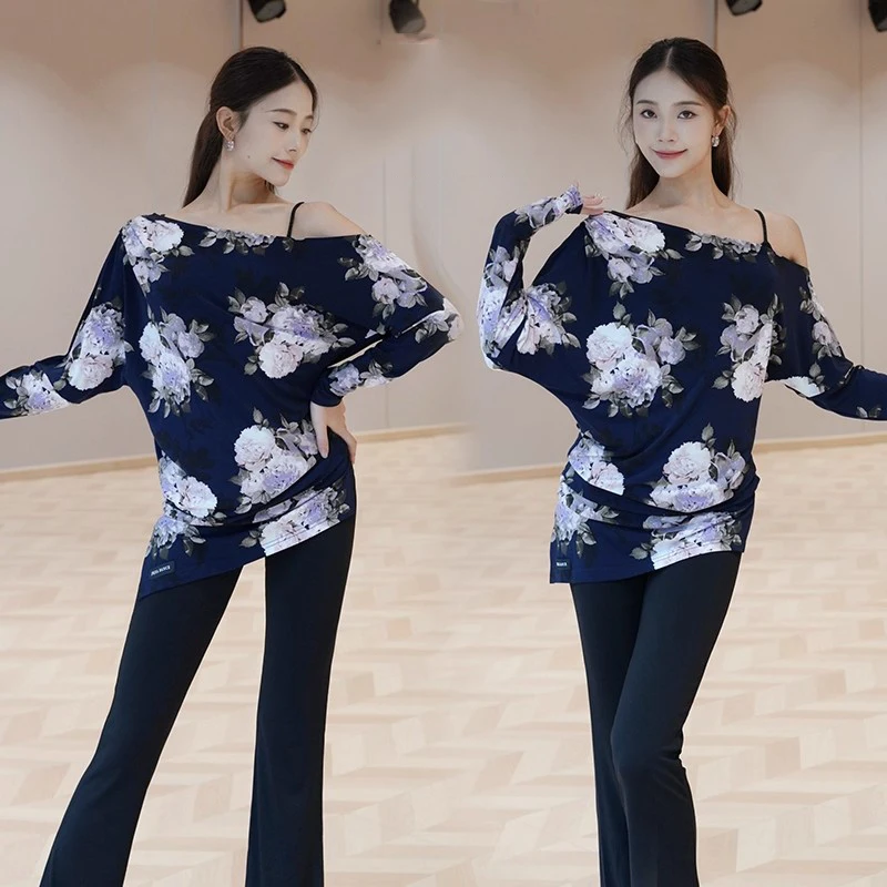 Trajes de dança latina ombro inclinado solto impressão para mulheres topos chacha tango samba dança prática treinamento uso diário dql12051