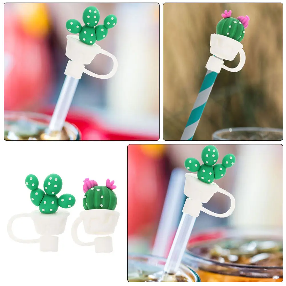 2Pcs Reusable Drinking Straw Caps Cactus Design Non-Slip Easy Open Close Cute Straw Plugs for Straws Mugs Bottles Glasses