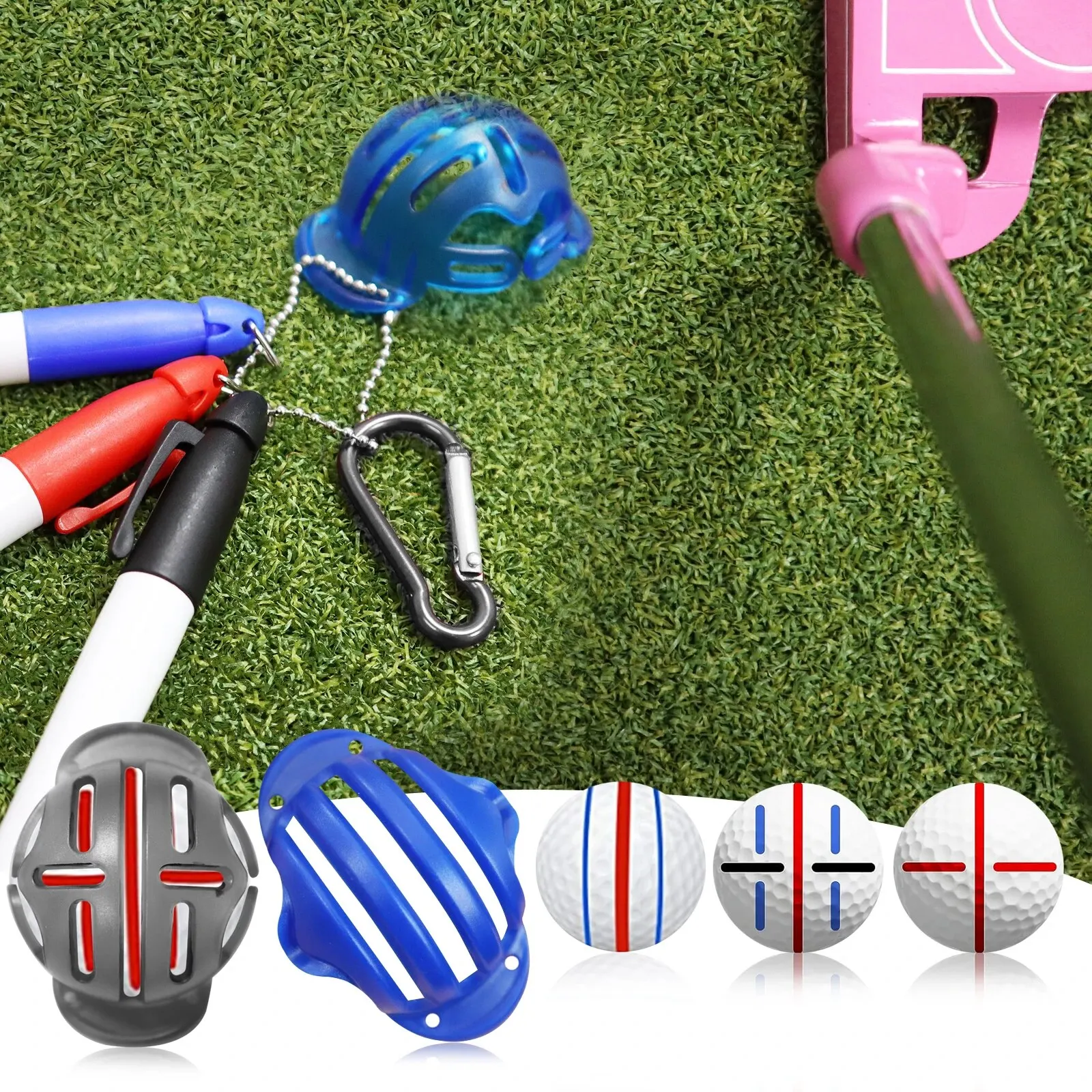 Golf Ball Liner Marker Drawing Tool Alignment Putter Marking Kits 1pc Golf Ball Liner Template and 3pcs Golf Ball Markers