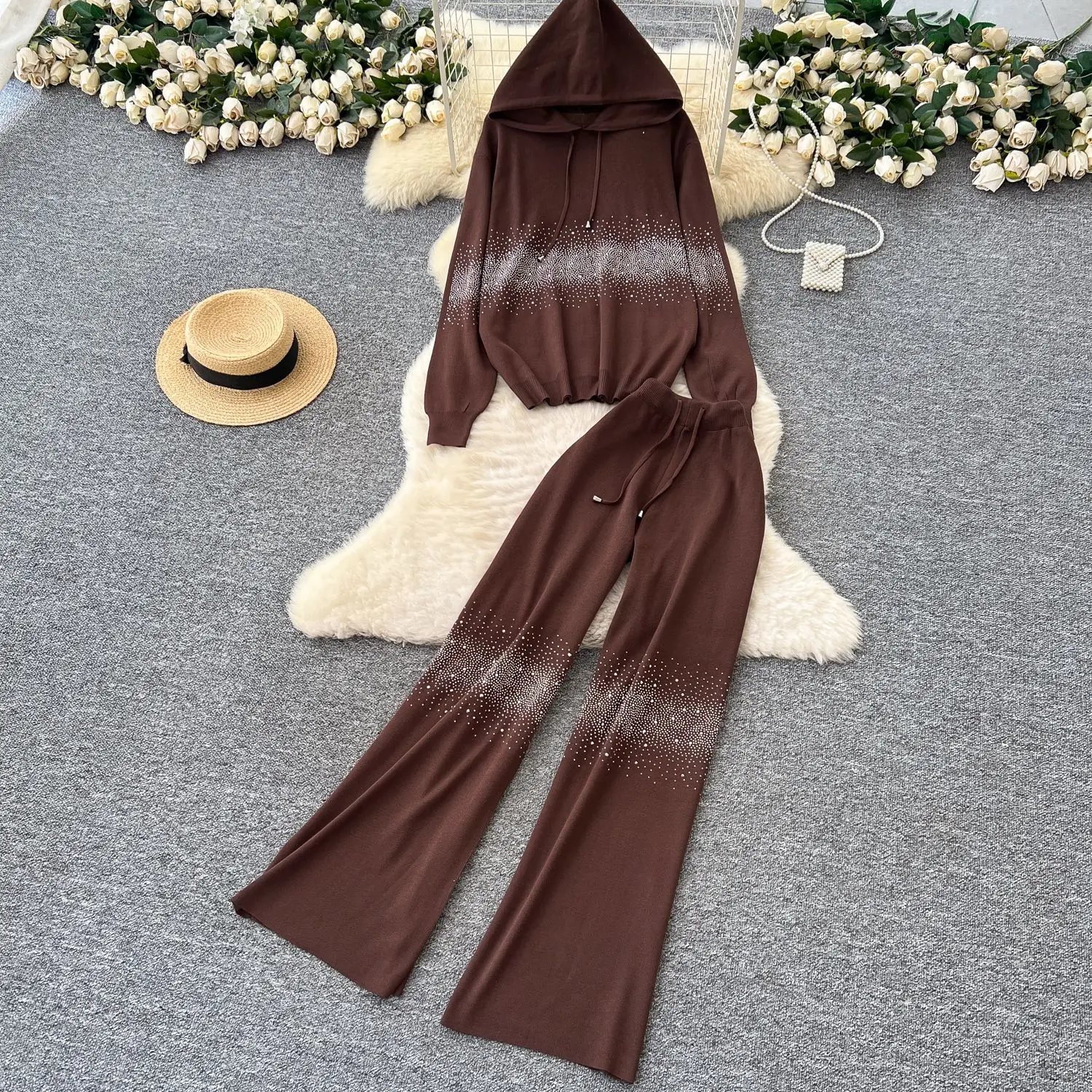 

Women Two Pieces Knitted Pant Set Hooded Hot Fix Rhinestones Pullover Sweater Drawstring Wide Leg Pants Loose Casual 2025 Autumn