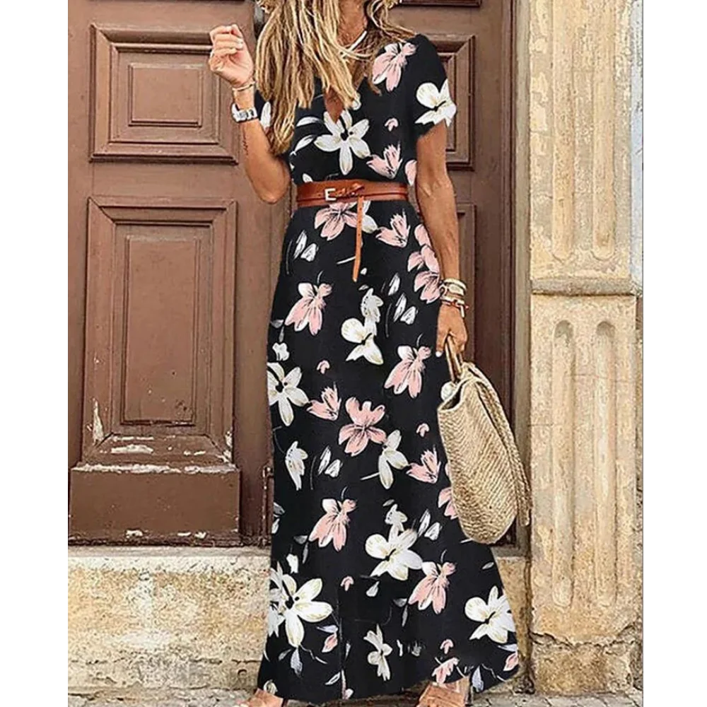 Women Sexy Casual Elegant Holiday Dress Summer Trend V-Neck High Slit Irregular Midi Dress Retro Vintage Print Slim With Belt