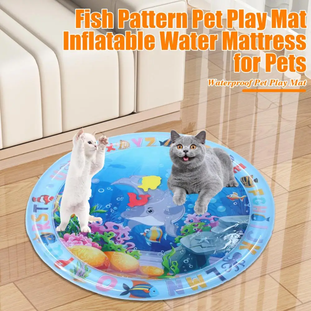 Water Sensor Mat for Cats Thickened Water Sensory Playmat with Fish Pattern Inflatable Cooling Comfort Summer Pet Water Pad