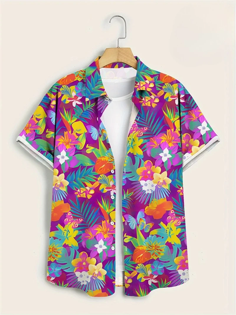 

Дешевые рубашки с цветочным принтом, мужская Гавайская праздничная блузка для вечеринок, 2025 г., пляжная рубашка с лацканами, корейская модная женская одежда с короткими рукавами и цветочным принтом