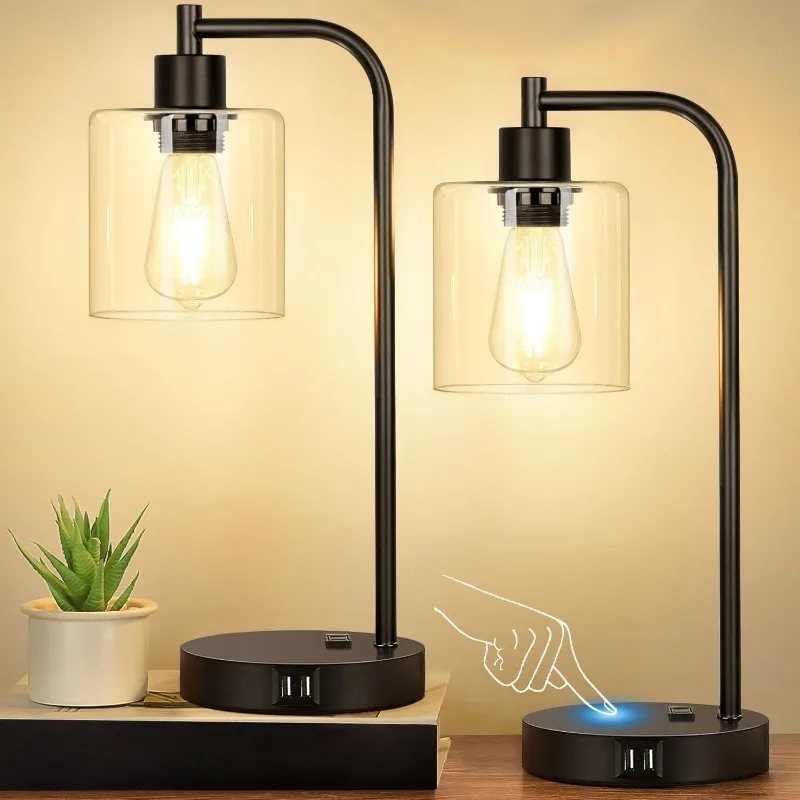 Set of 2 Industrial Touch Control Table Lamps with 2 USB Ports and AC Outlet - 3-Way Dimmable Black Bedside Lamps Nightstand Des