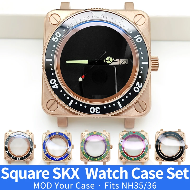 Square SKX Rose Gold Watch Case MOD NH35 NH36 4R36 Shiny/Brushed Stainless Steel Ceramic Insert Custom Watches Cases Parts ﻿