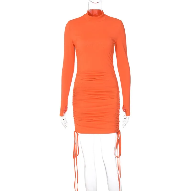 Herbst neue Frauen orange Seite Kordel zug Langarm schlanke Mode Kleid Frauen Rundhals ausschnitt Skinny Wrap Hip Pullover Kleider