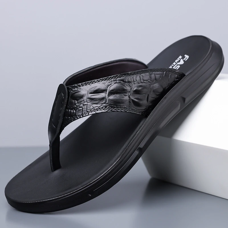 Mens Black Crocodile Embossed Leather Flip Flops Thong Sandals Summer Casual Beach Daily Wear Shoes  Outdoor Comfortable Leisure