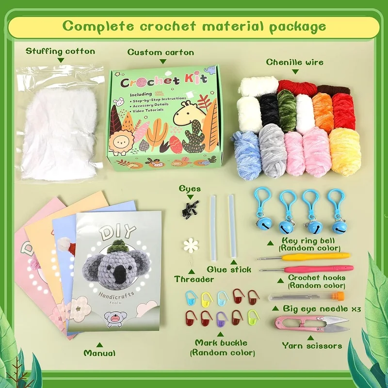 LMDZ Beginners Animals Crochet Kniting Kit for Adults Step-by-Step Video Tutorials Enough Yarn Stuffing Hooks and Accessories