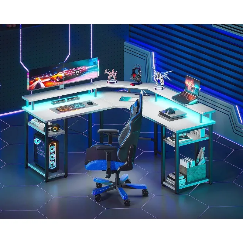 

L Shaped Gaming Desk with LED Lights & Power Outlets, Reversible 56" Computer Desk with Full Monitor Stand & Storage Shelves,