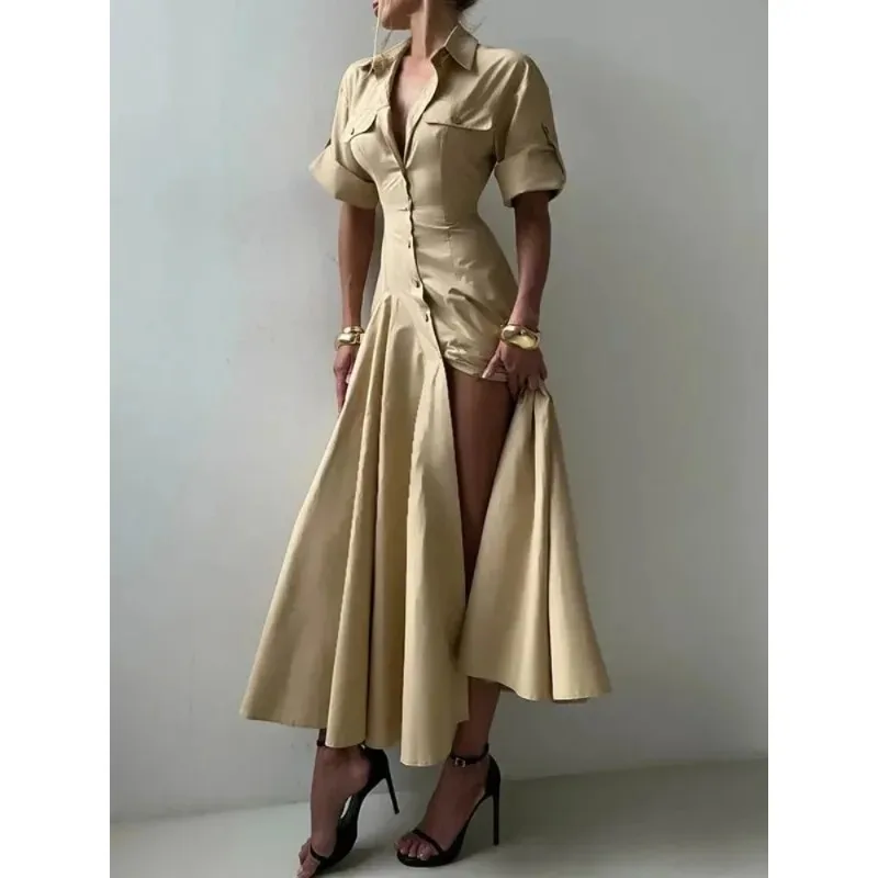 Effen Kleur Shirt Zomerjurk Vrouwen 2026 A-lijn Tlapel Half Mouw Single Breasted Casual Basic Elegante Jurken 181905