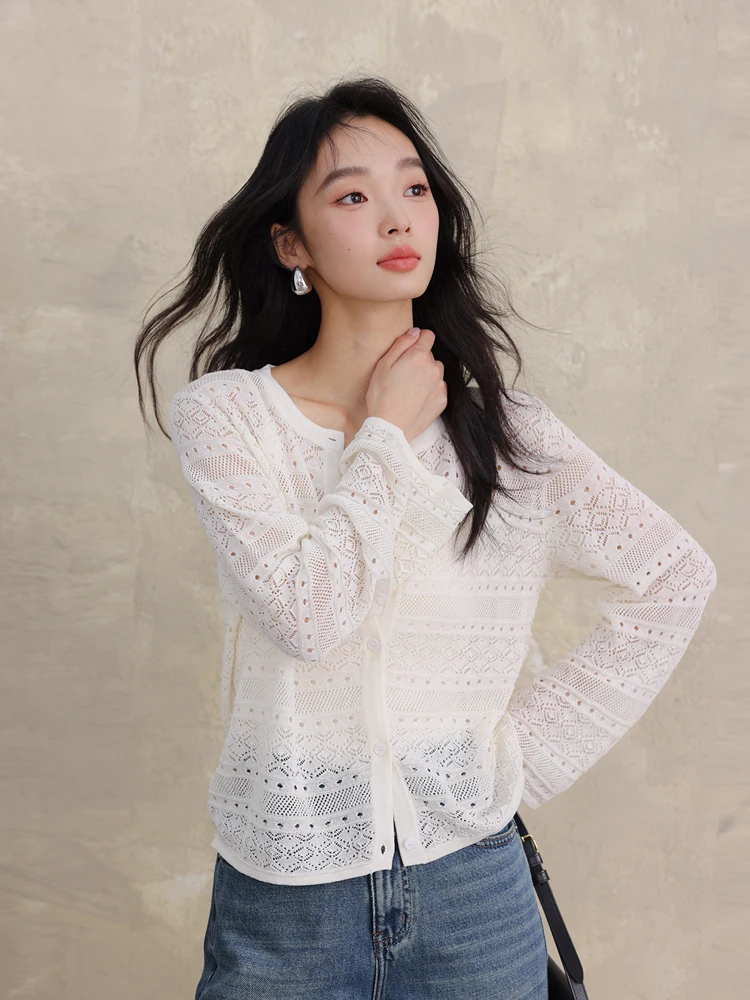 

Ele round Ne Knitted Open Cardigan UV Protection Single Button Hollow out Linen New Sle Women's Summer Faion