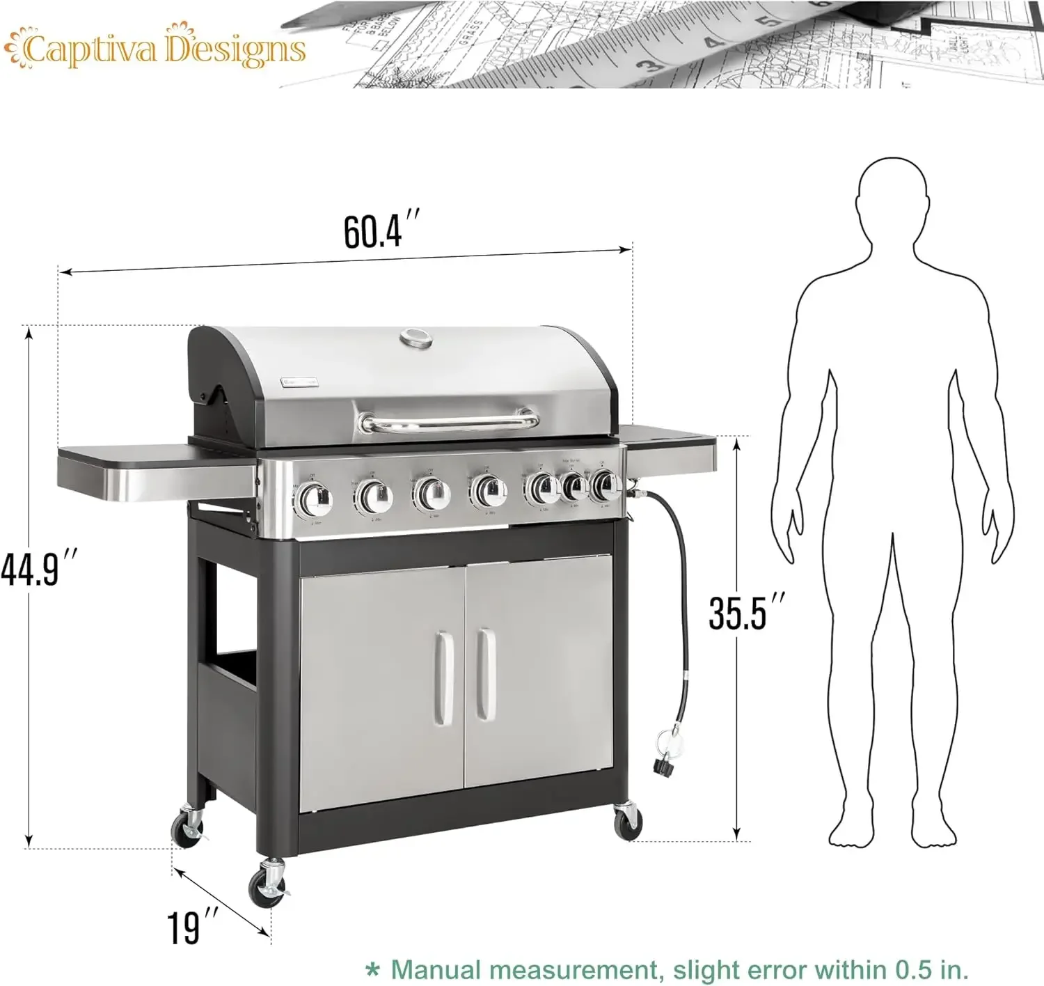 Captiva Designs 6-Burner Propane Gas BBQ Grill with Side Burner Porcelain-Enameled Cast Iron Grate for Outdoor Kitchen Barbecue