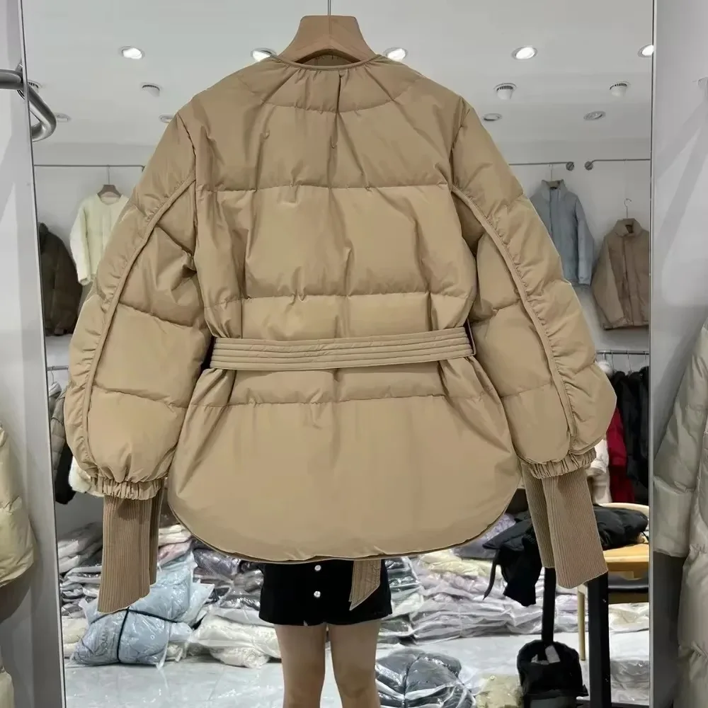 2024 novo inverno feminino design de luxo quente puffer jaqueta feminina 90% pato branco para baixo casaco com cinto fino com decote em v outwear