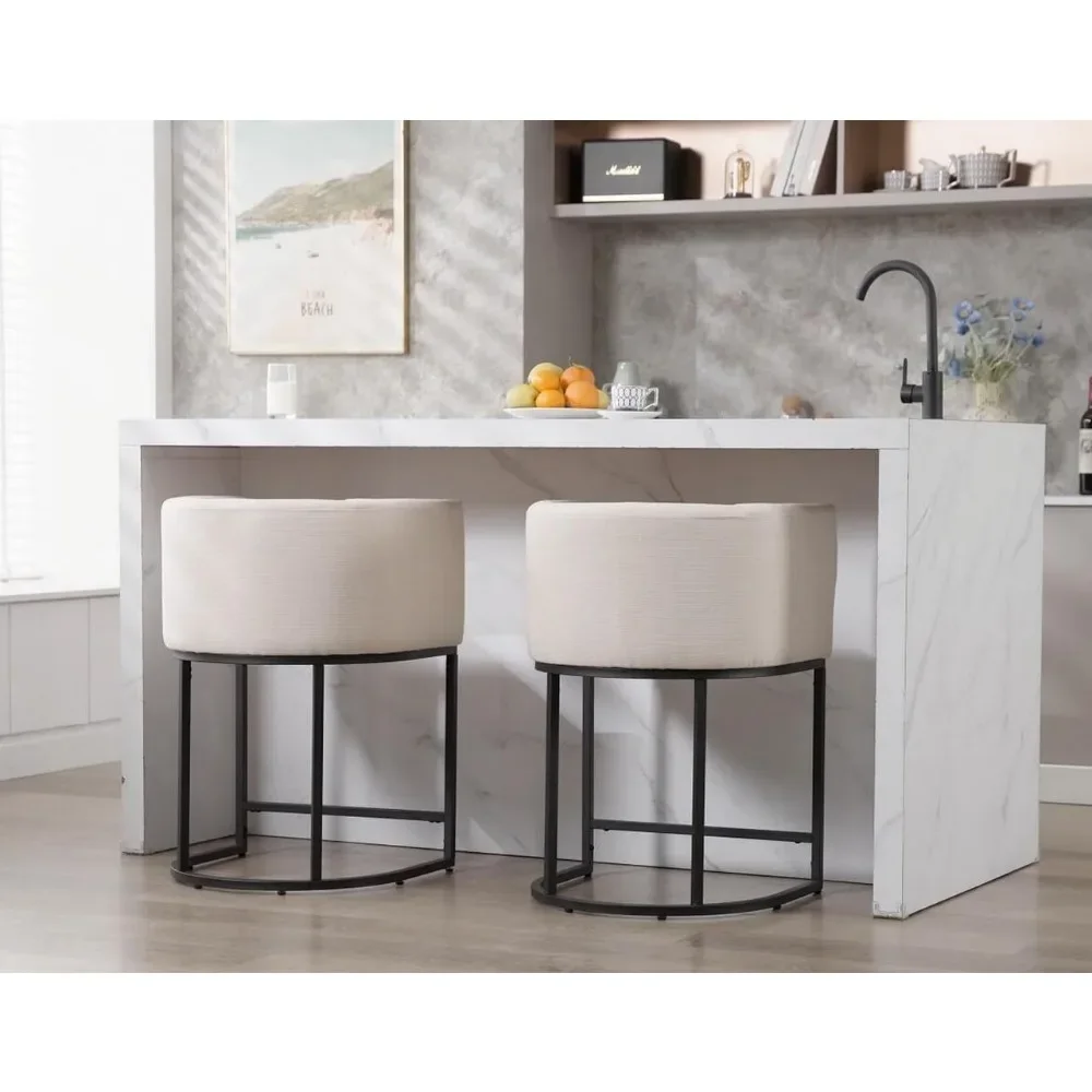 Estofados Tecido Counter Altura Barstools, Cozinha Ilha Counter Stools, aparafusados juntos, Black Base de Metal, Conjunto de 3, 24"