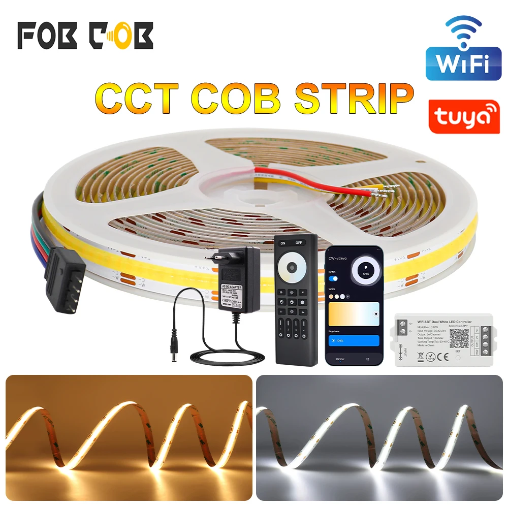 5M 10M CCT COB LED Strip Light 12V 24V 2700K-6500K Dimmable Bicolor Ribbon Flexible LED Tape Supports WiFI Tuya Alexa Smart Life