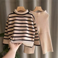 Girls Casual Korean Version Simple Suit New High-necked Hoodie Autumn And Winter Children's Wear Striped Wide Leg Pants 2 pcs