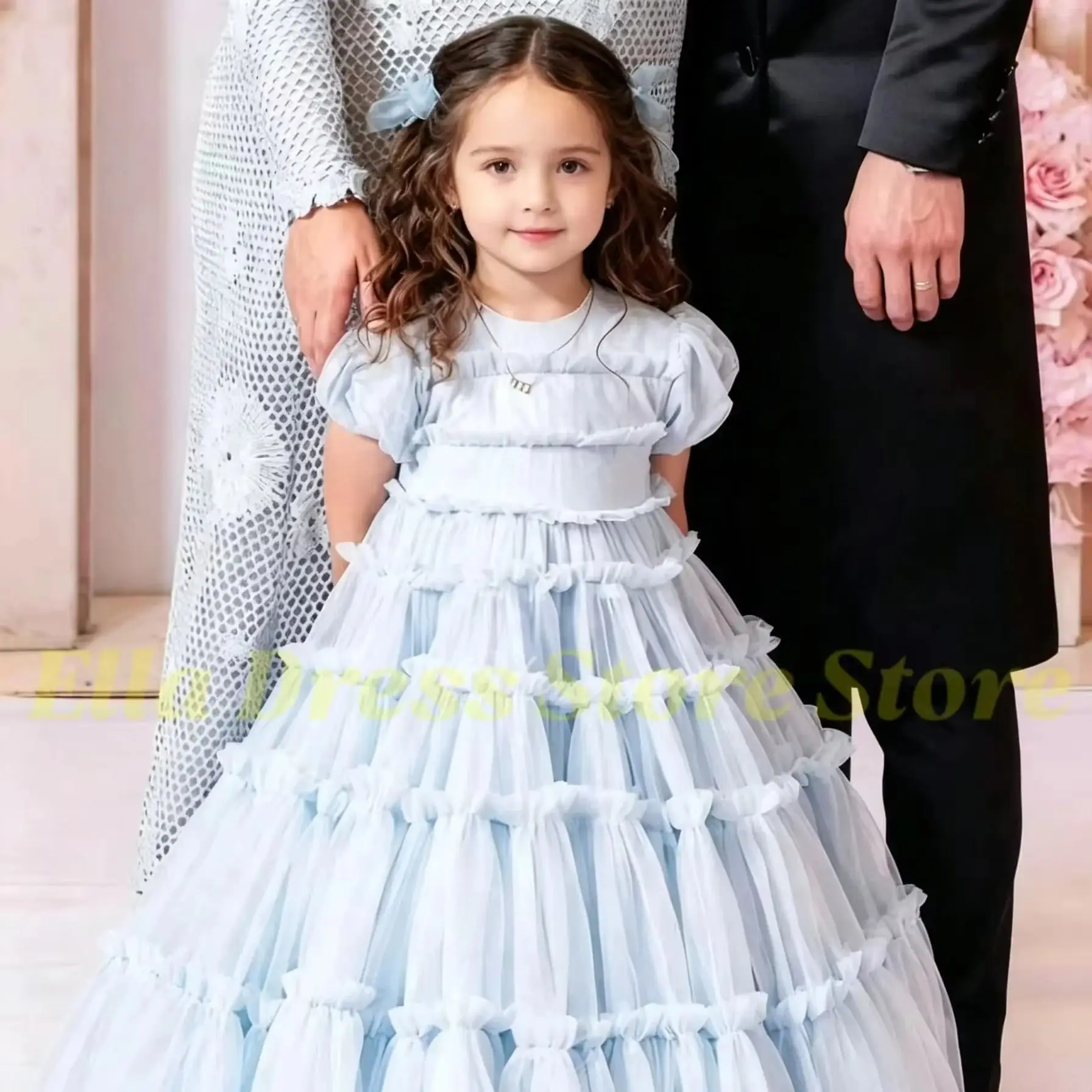 Maßgeschneidertes blaues Großhandels-Blumenmädchenkleid für Hochzeiten, plissiert, kurze Ärmel, O-Ausschnitt, Kindergeburtstag, Erstkommunion, Ballkleid – Detail 3