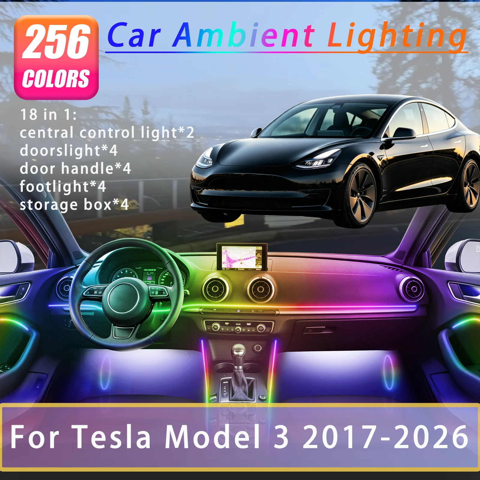 

For Tesla Model 3 2017-2026 Years Car Interior Ambient Lights Strips Breathing Lighting Kit App Control Auto Decorative Lamp