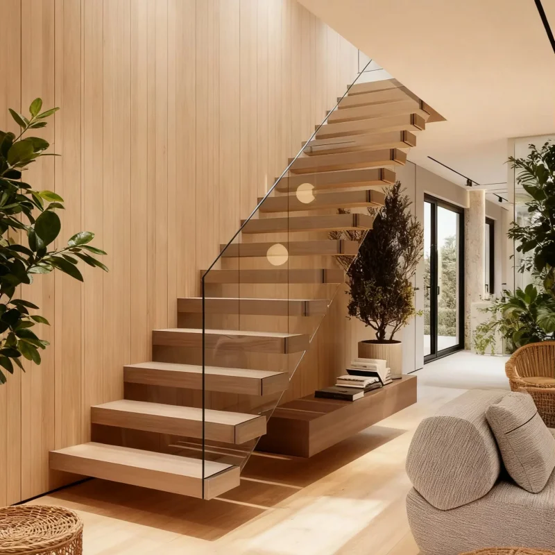 

custom.Customized Durable Suspended Staircase with White Oak Treads Modern Design & Apartment Use