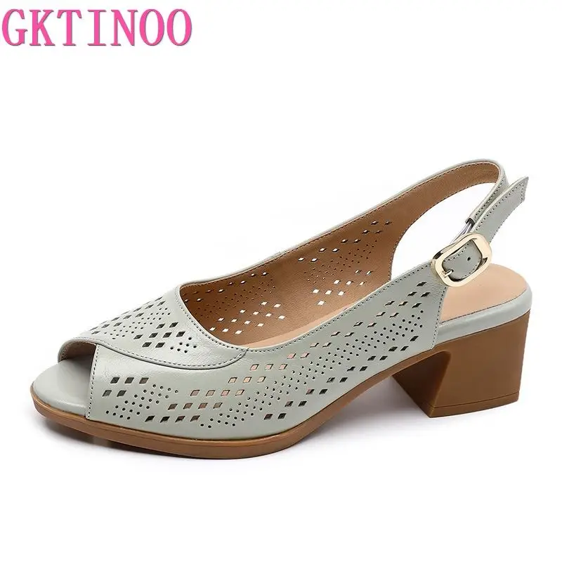 

GKTINOO 2024 Open Toe Hollow Summer Shoes Woman Genuine Leather Sandals Med Heels Dress Sandals Ladies Plus Size Women Shoes