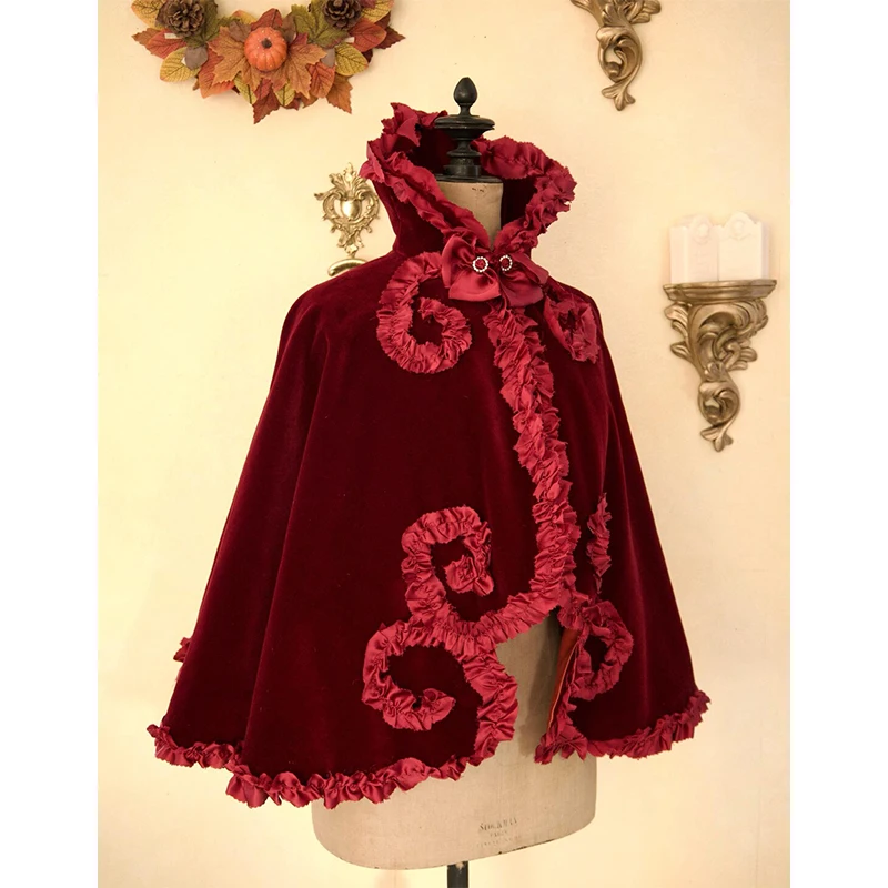 

Victorian Evening Cape Velvet Burgundy Ruffles Gothic Historical Belle Cloak Girls Lolita Princess Cape