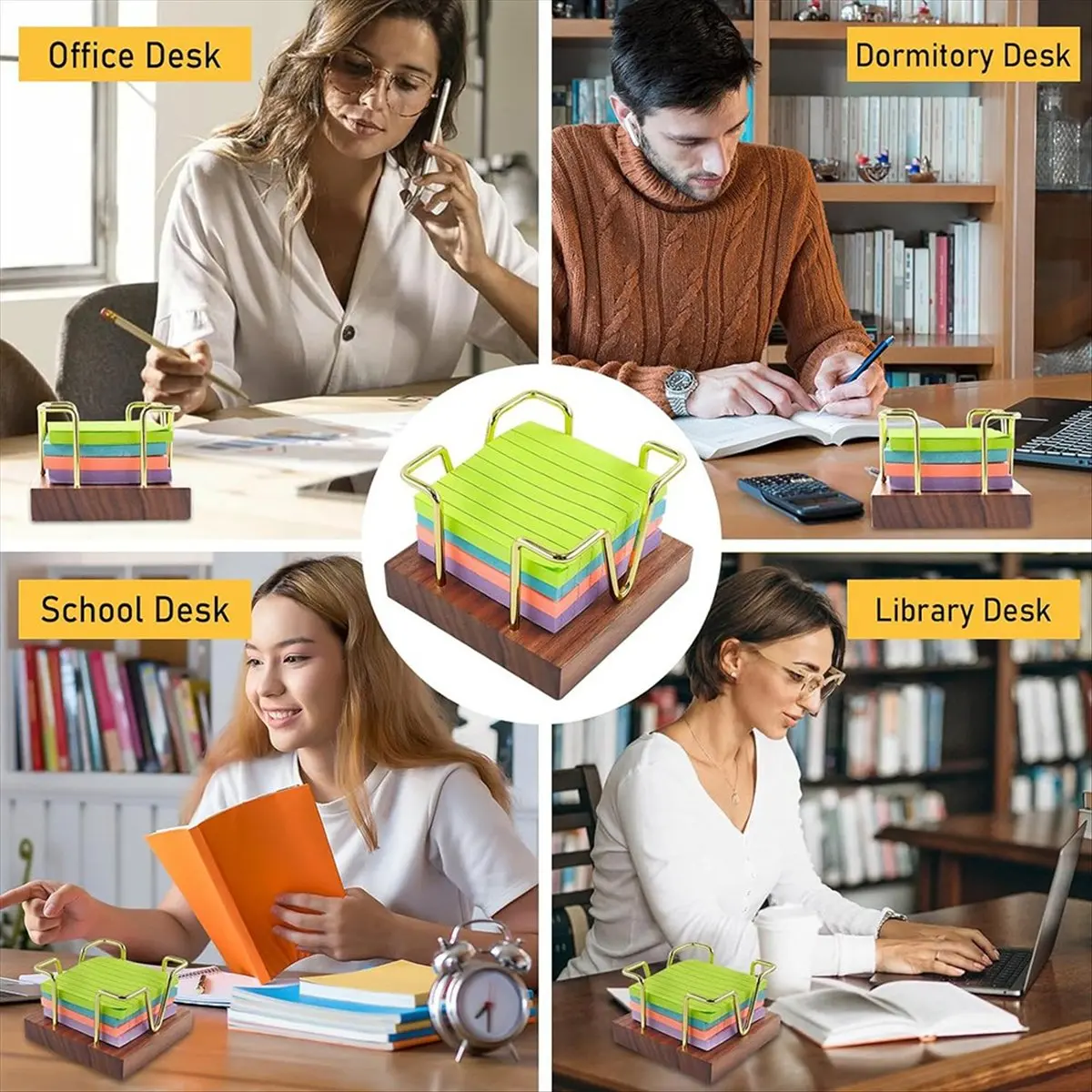 【2026 TOP Global】▼△◑Walnut Sticky Note Holder, Self-Stick Note Pad Holder for Desk, Wood and Gold Metal Wire Notepad Dispenser