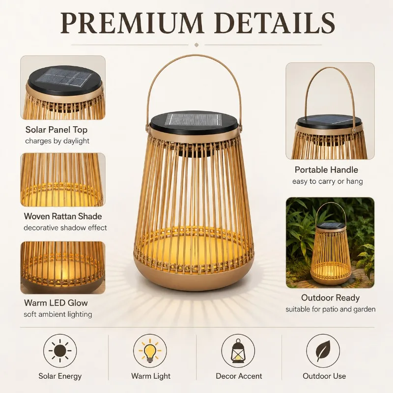 Solar Rattan Lantern Outdoor Waterproof Hanging Lamp Warm LED Garden Patio Courtyard Camping Yard Decorative Light with Handle