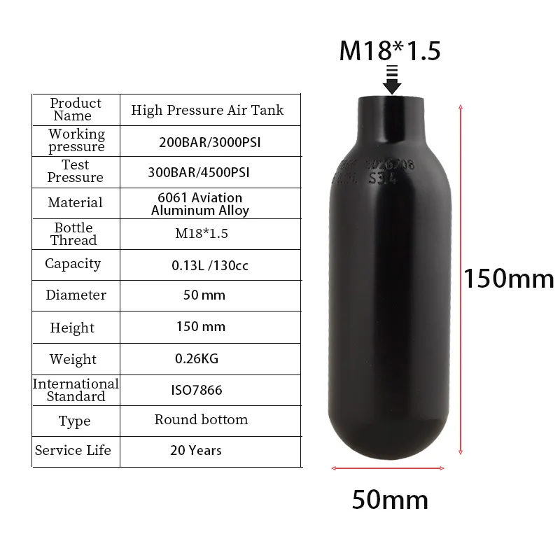 HPA Mini Scuba 0.13L High Pressure Air Tank 200BAR 3000PSI Cylinder M18*1.5 Gas Bottle For Diving Soda CO2 Stream Fittings
