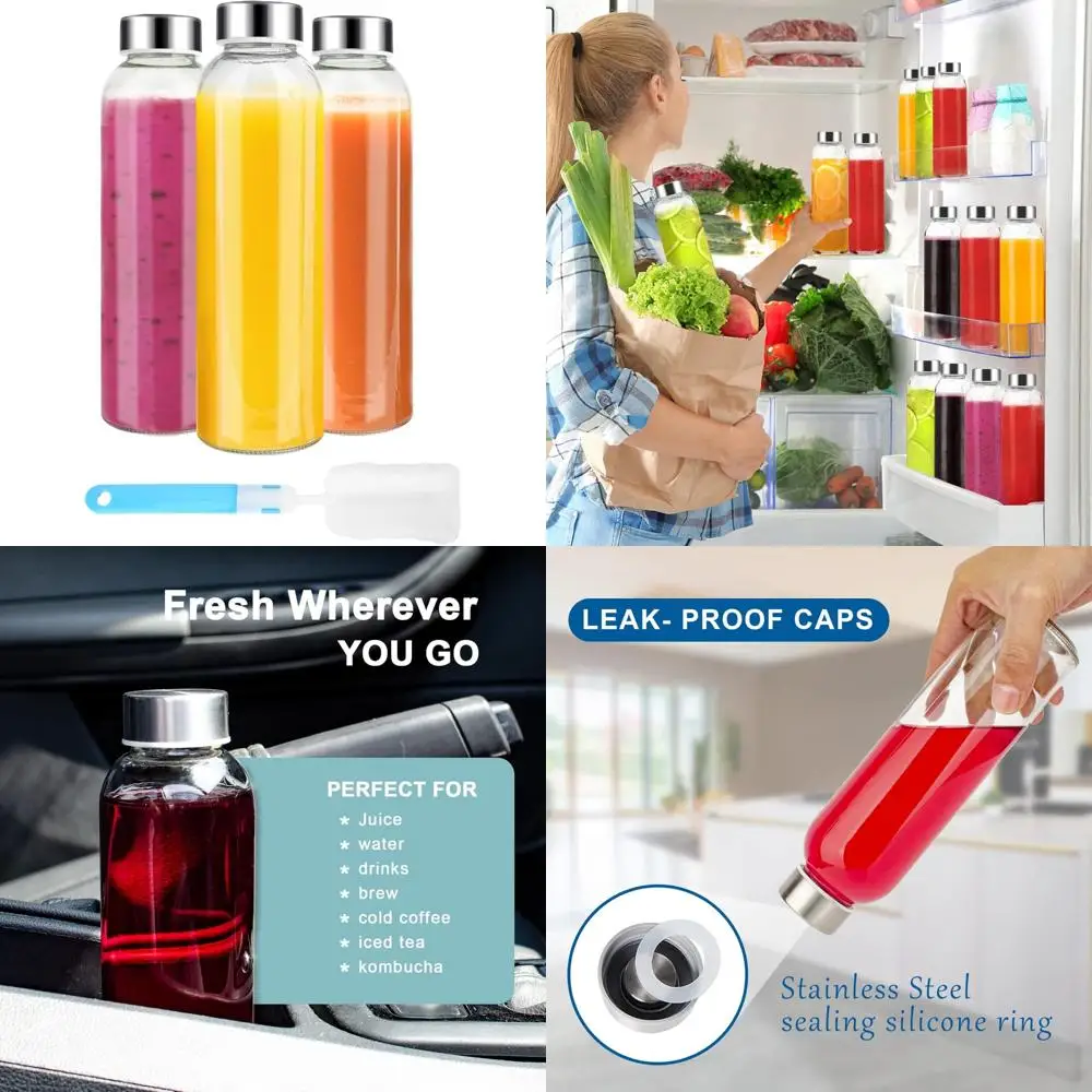 زجاجات من الزجاج الشفاف مع أغطية 18 أونصة، زجاجات مياه زجاجية قابلة لإعادة الاستخدام مع غطاء من الفولاذ المقاوم للصدأ للعصير والثلاجة، تسرب 100% #1