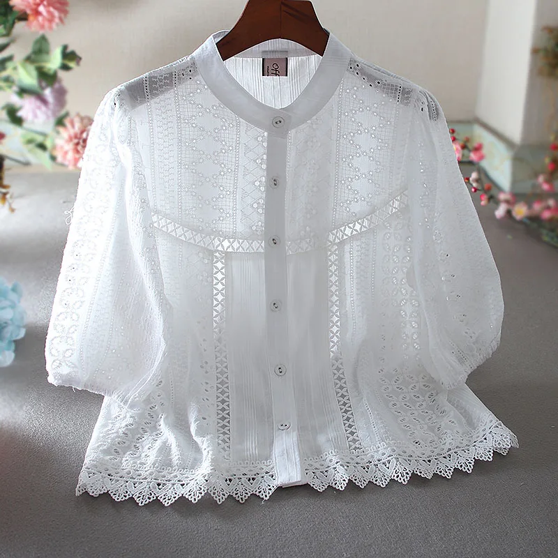 Women's Spring Summer Flower Embroidery Hollow Out Shirt Female Vintage Loose Casual Plus Size Cotton Shirt Blouse TB2738