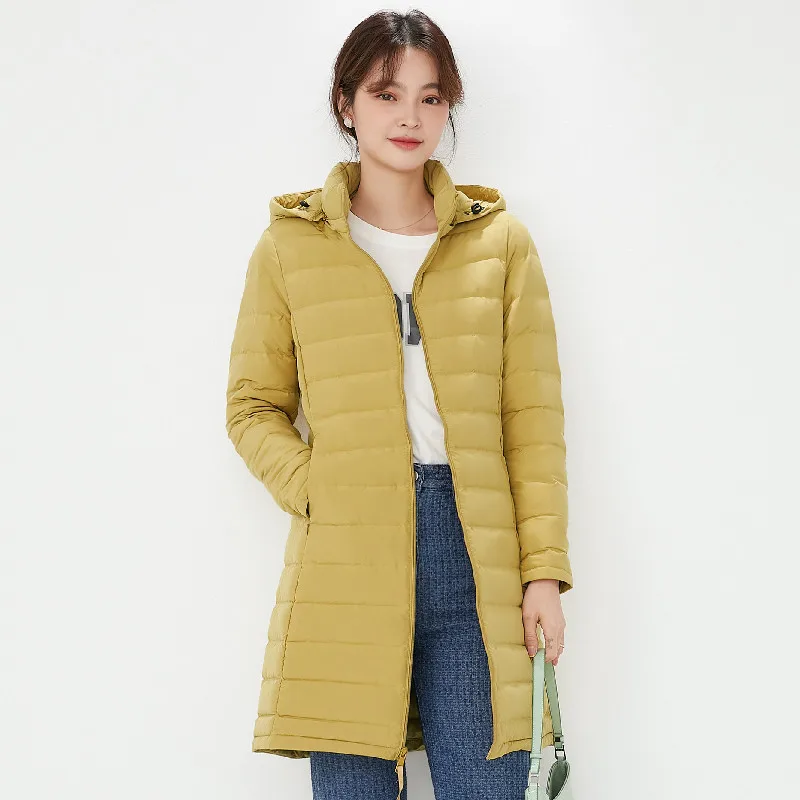 

seamless new light and thin down jacket women's medium long white duck Korean version coat detachable