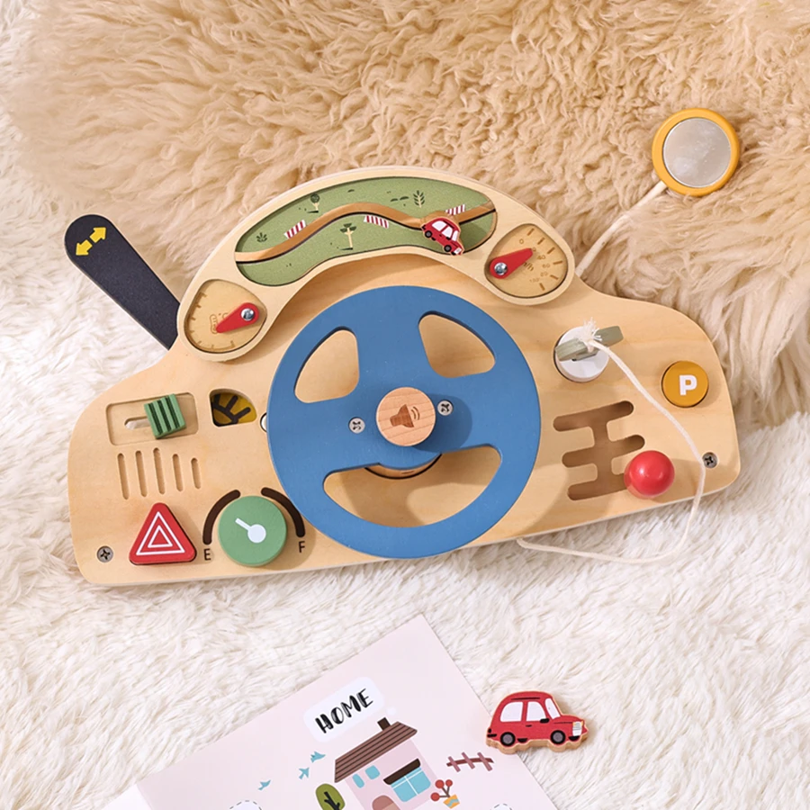 Baby Montessori Toys Steering Wooden Car Blocks Steering Wheel Activity Busy Board for Toddlers Sensory Early Education Toy Gift