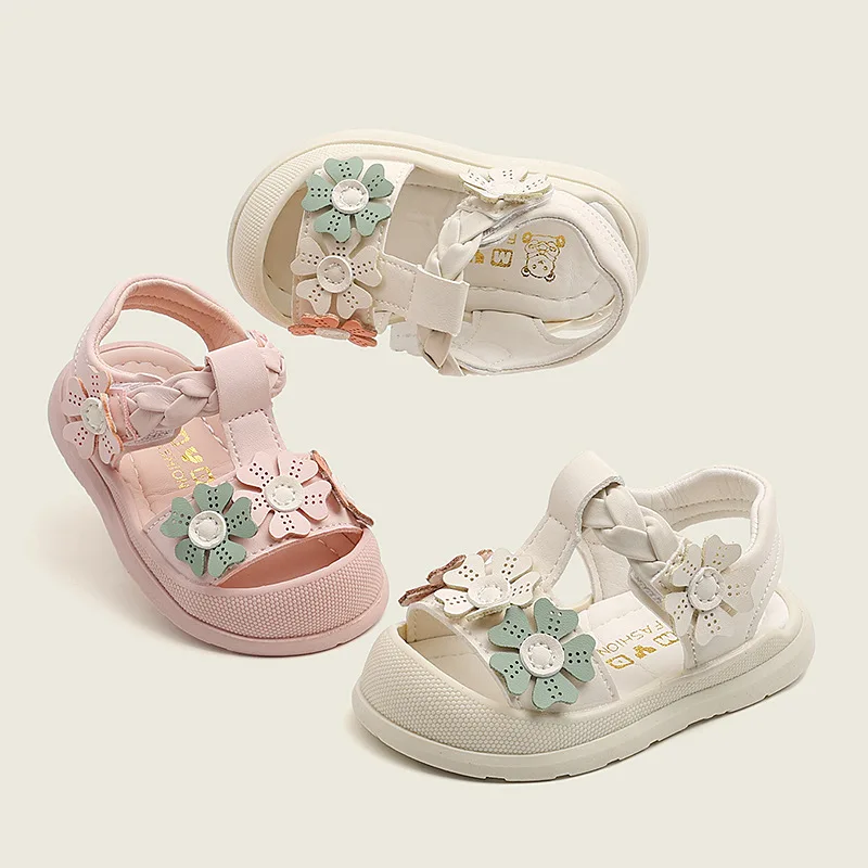 2026 Summer Girls Flower Sandals Toddler New T-strap Kids Flat Sandals Baby Toes-covered Breathable Children First Walker Shoes
