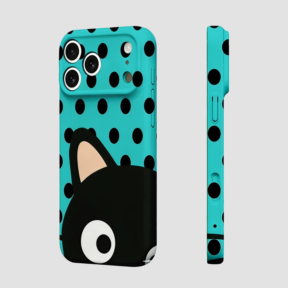 Turquoise Polka Dot Cat Phone Case For iPhone 17 16 15 14 13 12 11 Pro Max Air 16e 7 8 Plus XS Max X XR Hard PC Bumper Cover view 5
