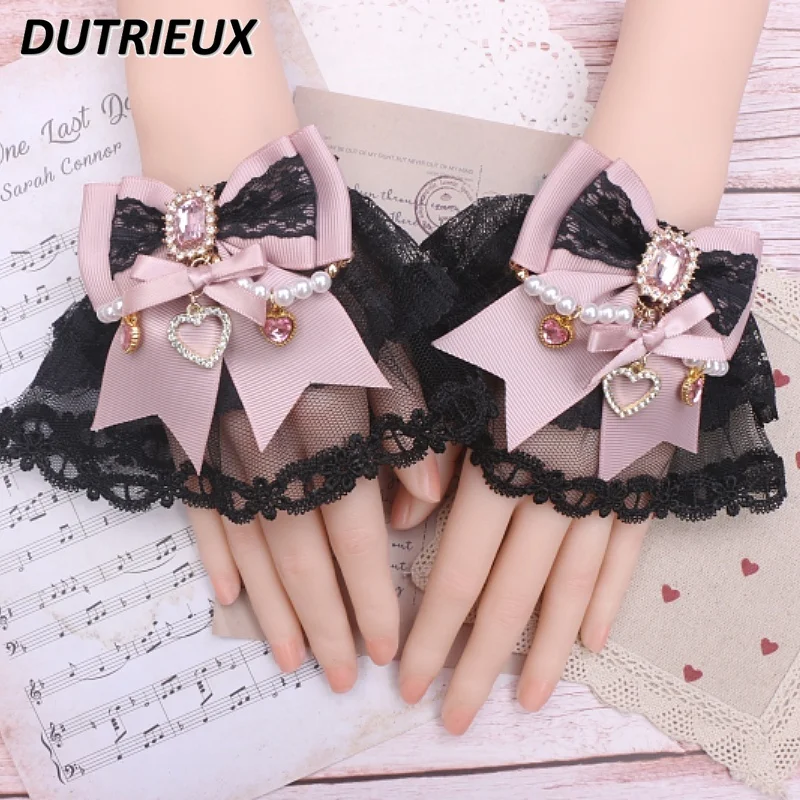 Handmade Japanese Mine Series Ornament Sweet Cute Bow String Pearl Flower Wedding Lace Lolita Oversleeves Y2k Accessories