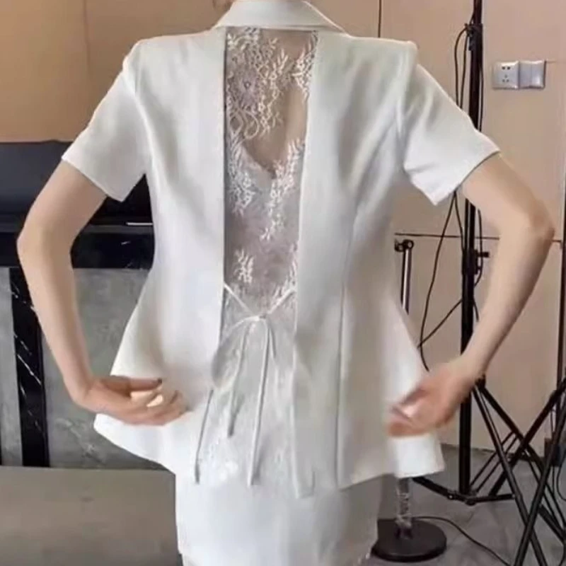 Fashion Women's Suit Skirt 2025 Spring and Summer Solid Color Short Sleeve Blouse Lace Stitching Short Skirt with Lace Halter.