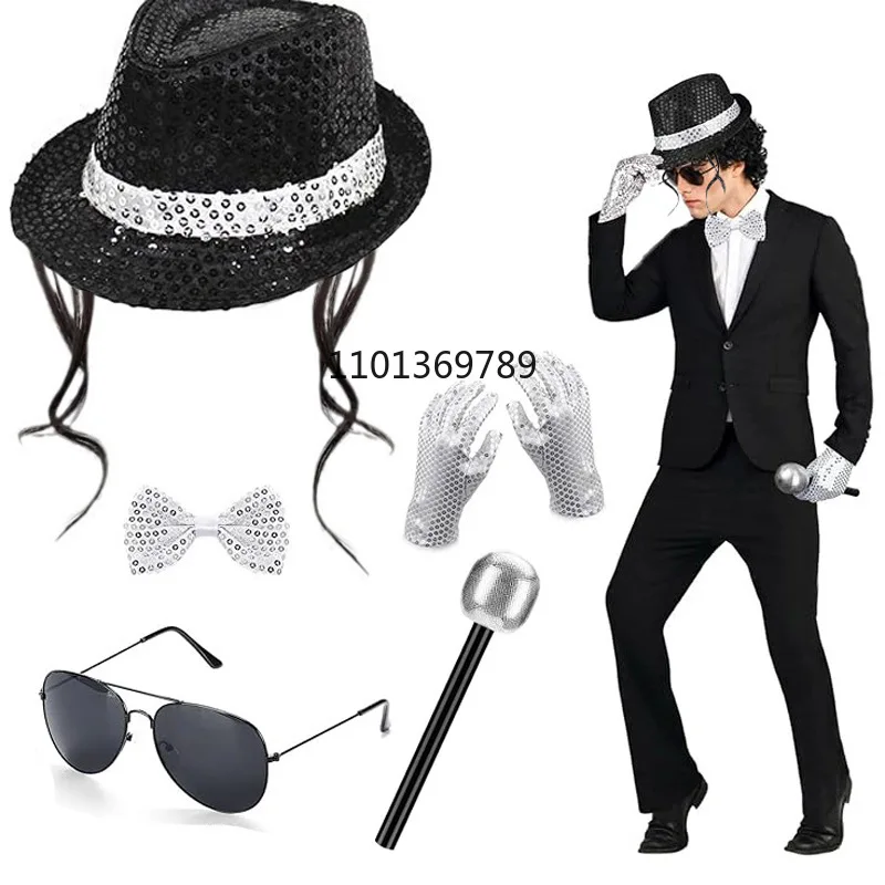 ポップスター キング ジャクソン コスチューム アクセサリー M-J スパンコール グローブ、ブラック フェドーラ ハット、サングラス 80 年代をテーマにしたハロウィーン コスプレ パーティー