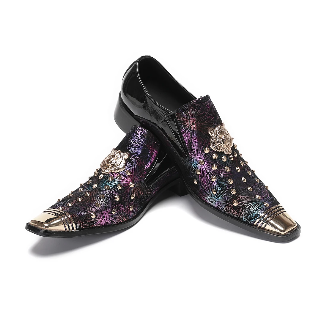 Designer Rivets Genuine Leather Party Dress Shoes for Men Big Size Slip on Formal Business Brogue Shoes Man Wedding Leather Shoe