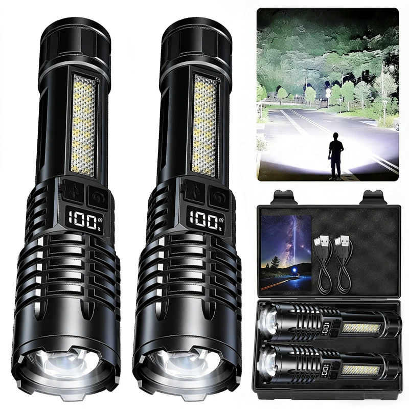 

High Power LED Flashlight Powerful Type-C Rechargeable COB Flashlight With Side Light 5Modes Torch For Outdoor Camping Hiking