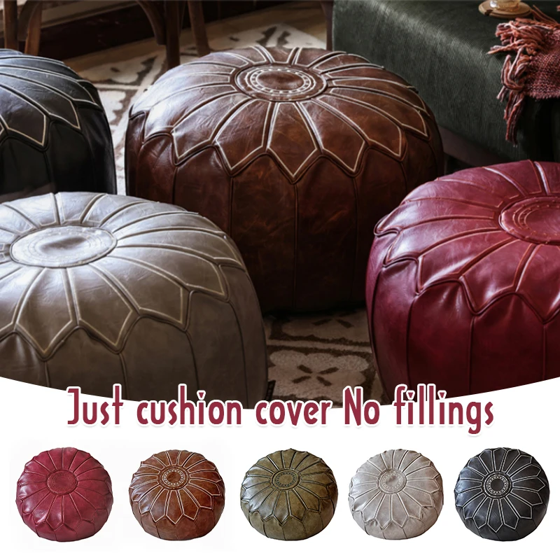 

Nordic Mandala Embroidery Ottoman Footstool Cover Artificial PU Leather Pouf Craft Moroccan Round Unstuffed Cushion