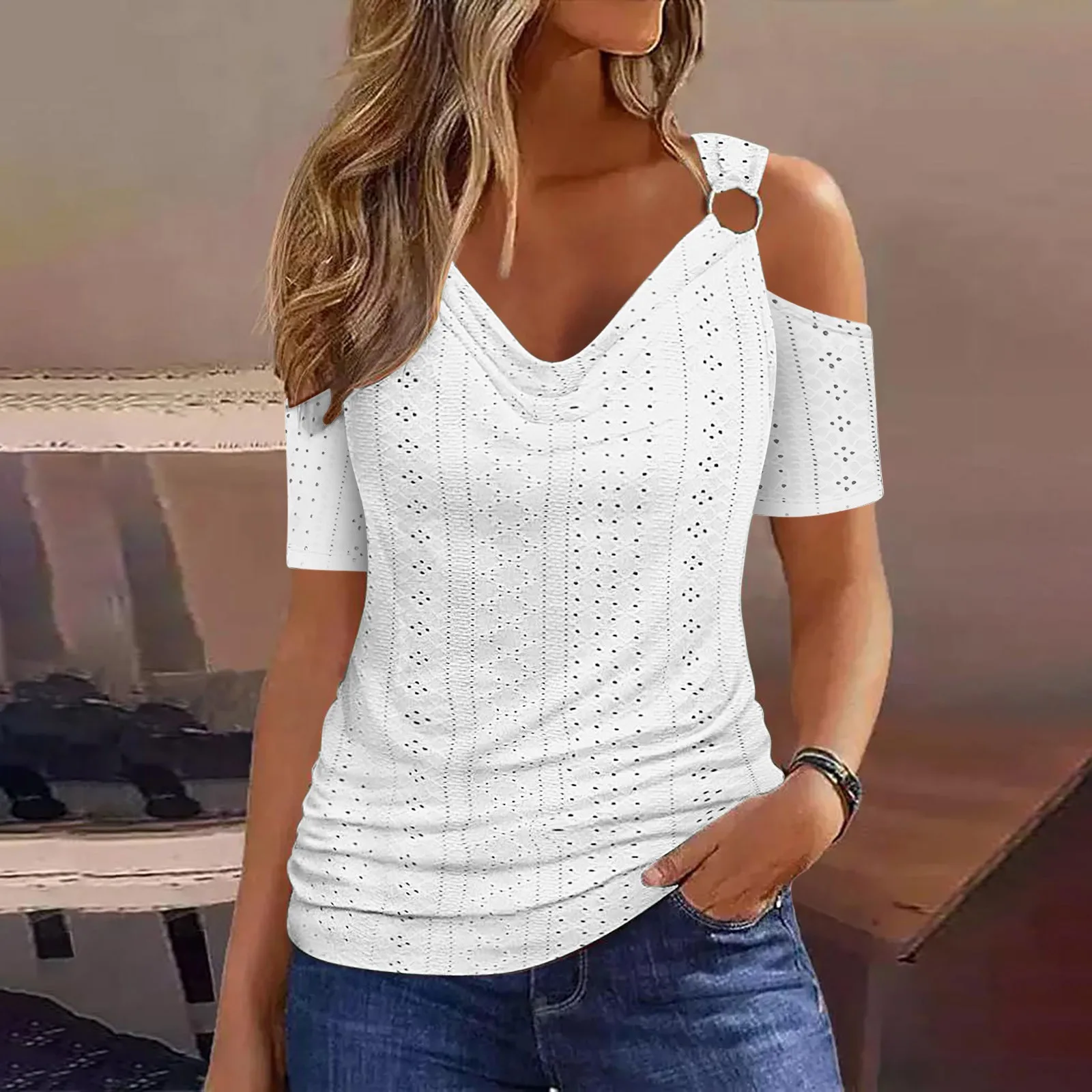 Women Solid Color Hollow Out Short Sleeve T-Shirt Lady Slight Strech Slim V-Neck Blouse Casual Streetwear female Tops Blouse