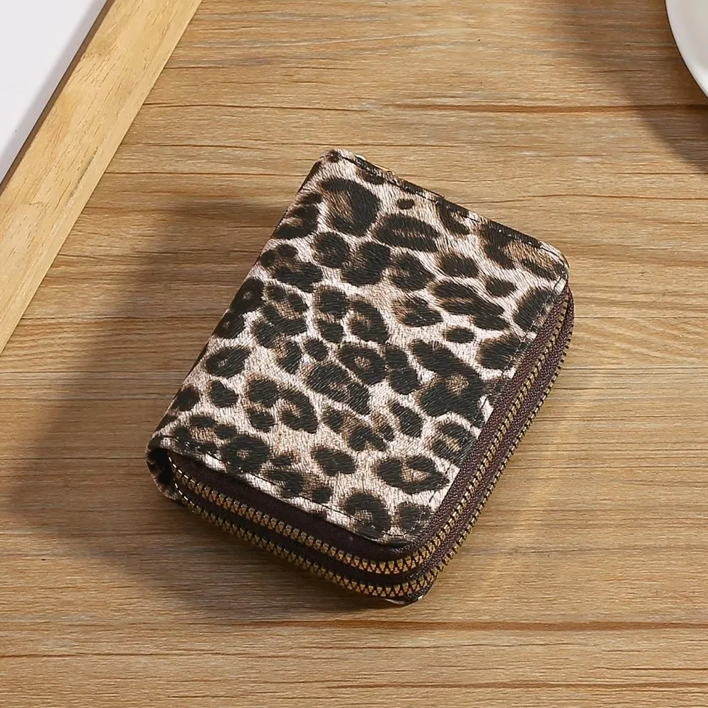 Cute Leopard Print Short Wallet Double Zipper PU Leather Card Holder Multi Card Slot Large Capacity Coin Purse For Women