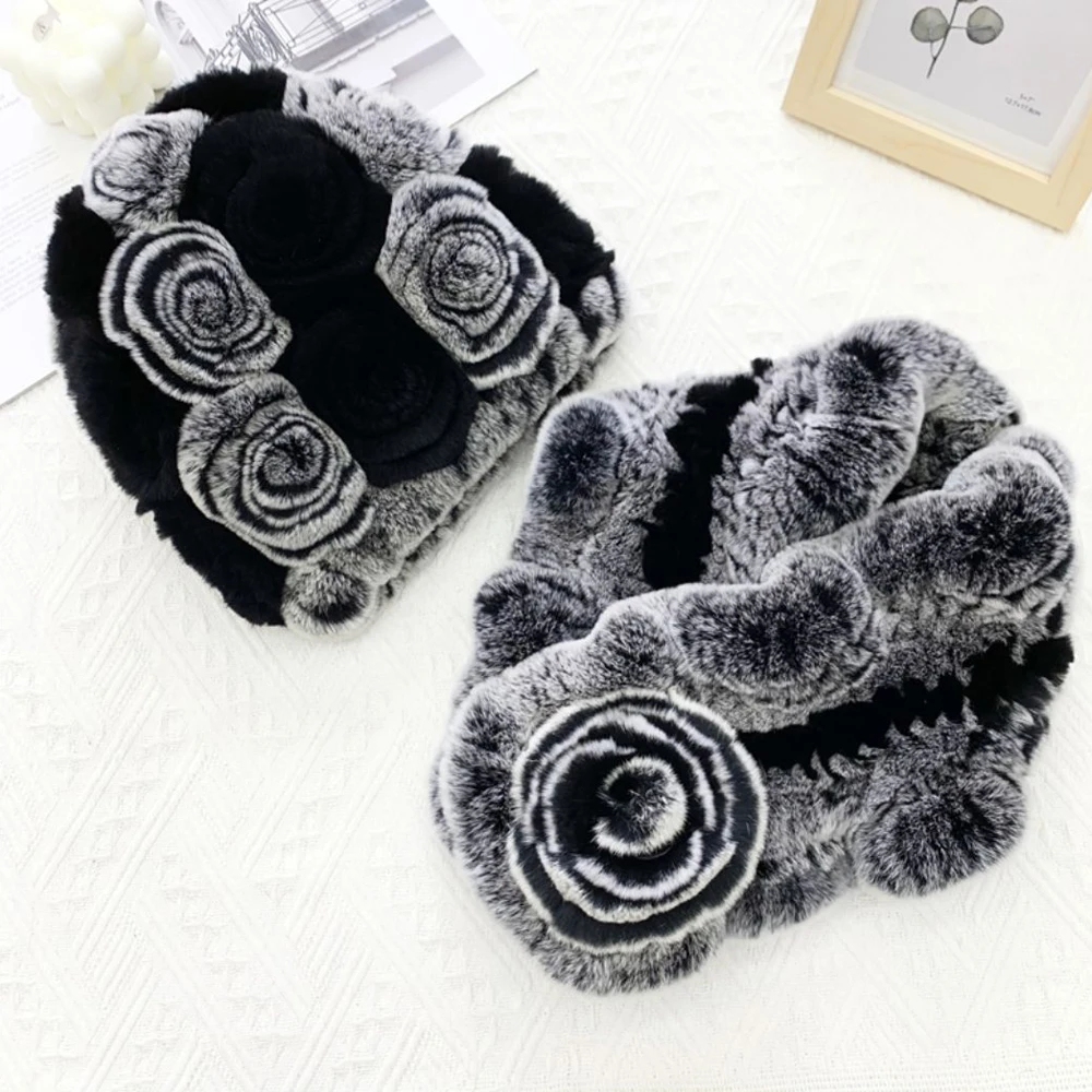 New Women Winter Fur Hat Scarf Sets Natural Warm Real Rex Rabbit Fur Cap Scarves Lady Knitted Warm 100% Genuine Fur Hats Muffler