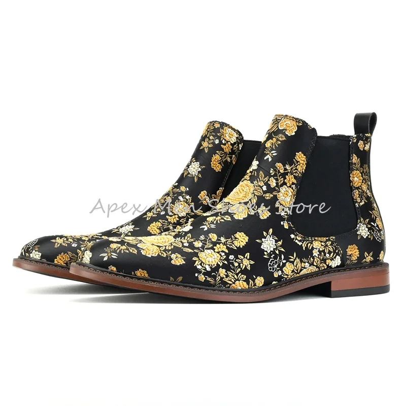 

2024 Retro Pointed Toe Embroidery Men's Flower Decorated Western Boots Slip On Fashion Ankle Boots Roman Casual Men's Boots